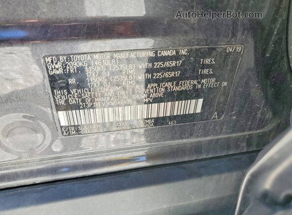 2T3P1RFV3KW047895 2019 TOYOTA RAV4 Charcoal VIN კოდის სტიკერის ხედი