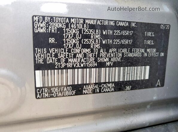 2T3P1RFV3LW115694 2020 TOYOTA RAV4 Silver Vista de la etiqueta del VIN