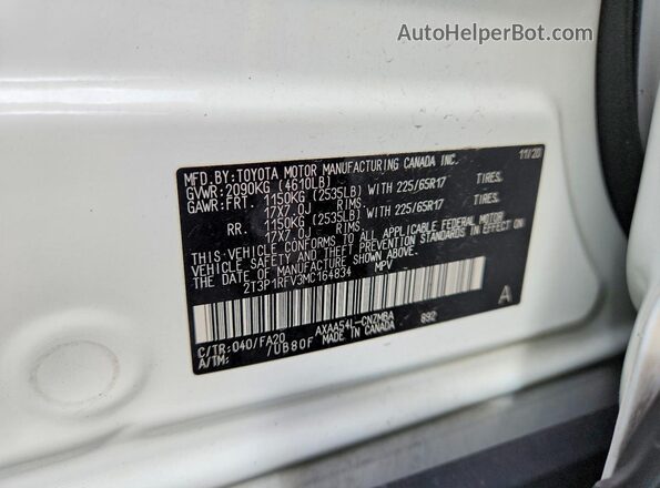 2T3P1RFV3MC164834 2021 TOYOTA RAV4 White Widok naklejki z numerem VIN