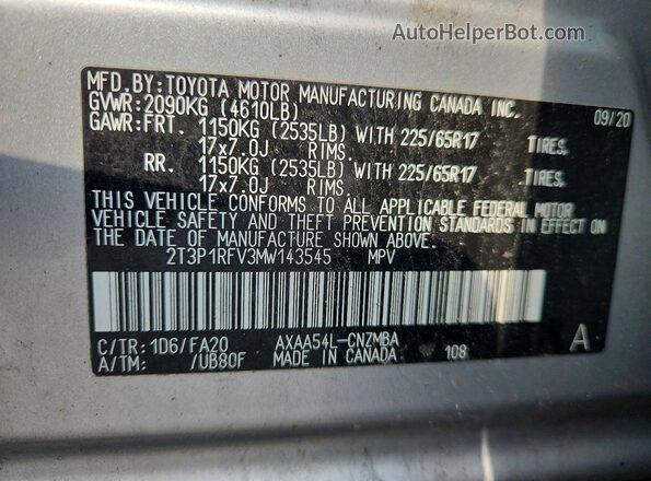 2T3P1RFV3MW143545 2021 TOYOTA RAV4 Silver Вид наклейки з VIN-кодом