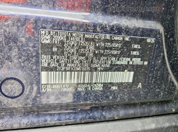 2T3P1RFV3SW616695 2025 TOYOTA RAV4 Blue VIN კოდის სტიკერის ხედი