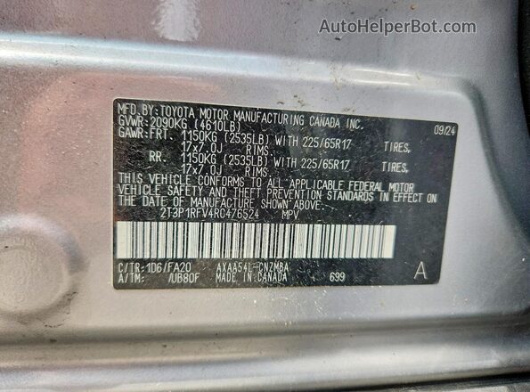2T3P1RFV4RC476524 2024 TOYOTA RAV4 Gray Widok naklejki z numerem VIN