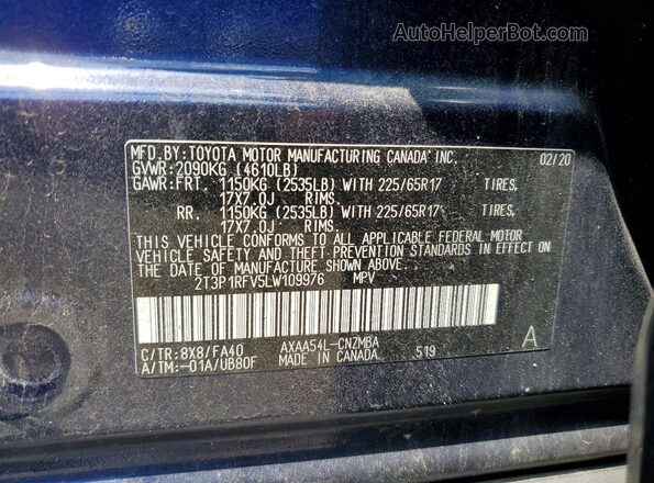 2T3P1RFV5LW109976 2020 TOYOTA RAV4 Blue ძრავის განყოფილების ხედი
