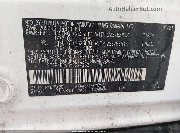 2T3P1RFV5MC227352 2021 TOYOTA RAV4 White Շարժիչի բաժամունքի տեսք
