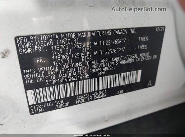 2T3P1RFV5MW244795 2021 TOYOTA RAV4 White ძრავის განყოფილების ხედი