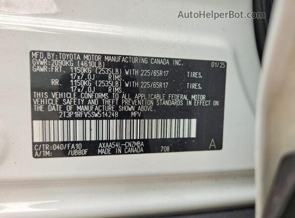 2T3P1RFV5SW514248 2025 TOYOTA RAV4 White VIN კოდის სტიკერის ხედი