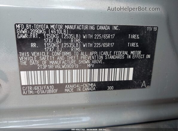 2T3P1RFV6LW090919 2020 TOYOTA RAV4 Light Blue Вид подкапотного пространства
