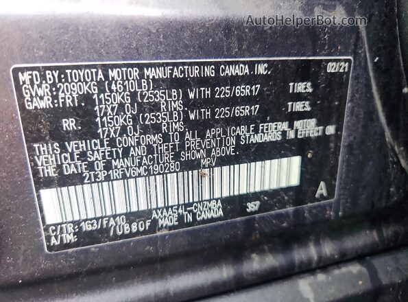 2T3P1RFV6MC190280 2021 TOYOTA RAV4 Gray VIN sticker view