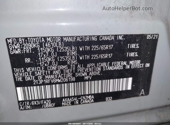 2T3P1RFV6MW206198 2021 TOYOTA RAV4 Gray ძრავის განყოფილების ხედი