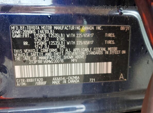 2T3P1RFV6MW230016 2021 TOYOTA RAV4 Синий Вид наклейки с VIN-кодом