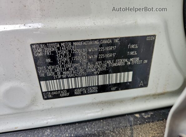 2T3P1RFV6RC425770 2024 TOYOTA RAV4 White Панорамний вид салону 360°