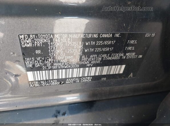 2T3P1RFV7KW043039 2019 TOYOTA RAV4 Gray Vista del compartimento del motor