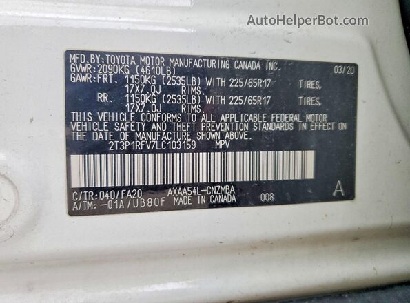 2T3P1RFV7LC103159 2020 TOYOTA RAV4 White Вид наклейки з VIN-кодом