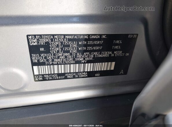 2T3P1RFV7LC105980 2020 TOYOTA RAV4 Gray Вид підкапотного простору