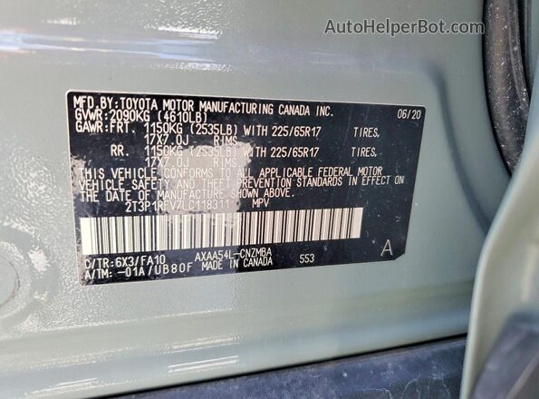2T3P1RFV7LC118311 2020 TOYOTA RAV4 Green Vista de la etiqueta del VIN
