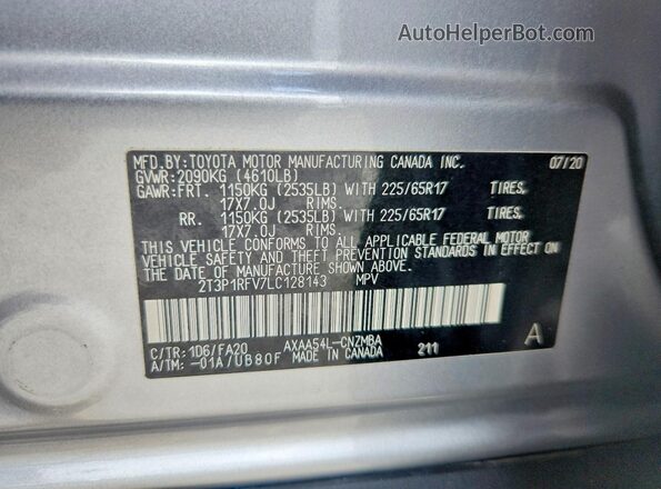 2T3P1RFV7LC128143 2020 TOYOTA RAV4 Silver Vista de la etiqueta del VIN
