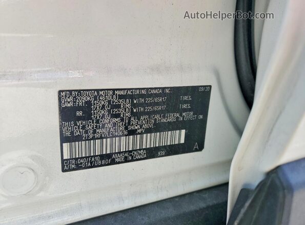 2T3P1RFV7LC140616 2020 TOYOTA RAV4 White Вид наклейки з VIN-кодом