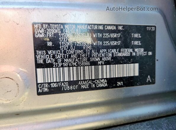 2T3P1RFV7MC158986 2021 TOYOTA RAV4 Gray VIN კოდის სტიკერის ხედი