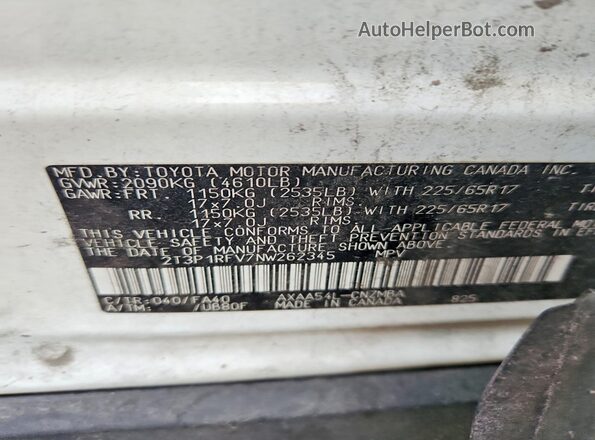 2T3P1RFV7NW262345 2022 TOYOTA RAV4 White VIN კოდის სტიკერის ხედი