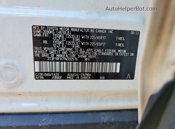 2T3P1RFV7PW392516 2023 TOYOTA RAV4 Белый Вид наклейки с VIN-кодом