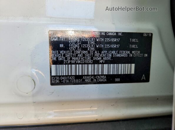 2T3P1RFV8KC019382 2019 TOYOTA RAV4 White VIN კოდის სტიკერის ხედი
