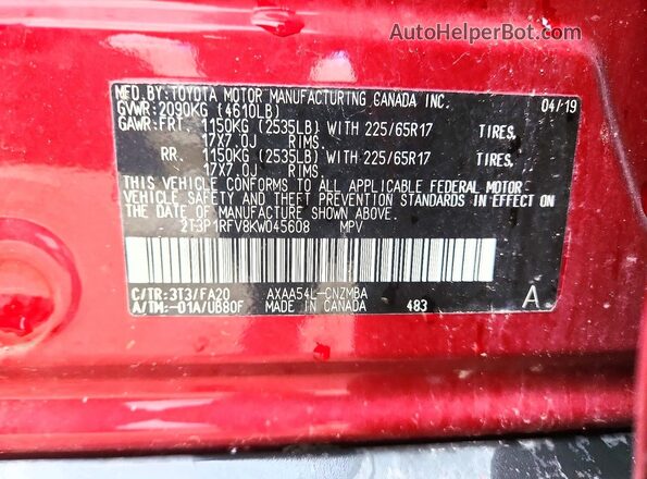 2T3P1RFV8KW045608 2019 TOYOTA RAV4 Red VIN կոդի պիտակի տեսք