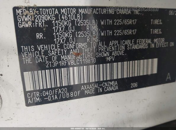 2T3P1RFV8LC119810 2020 TOYOTA RAV4 White Вид підкапотного простору