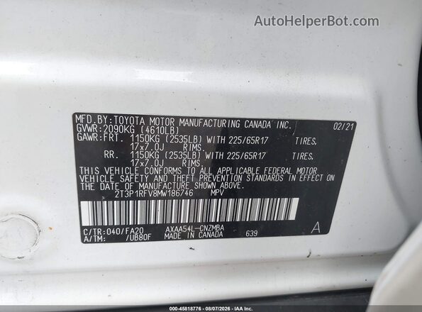 2T3P1RFV8MW186746 2021 TOYOTA RAV4 White Вид підкапотного простору