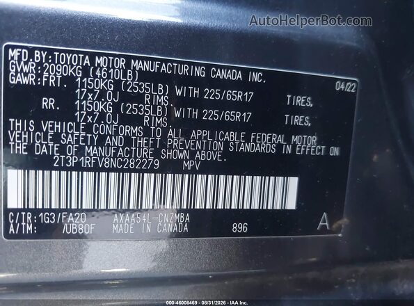 2T3P1RFV8NC282279 2022 TOYOTA RAV4 Gray Engine compartment view