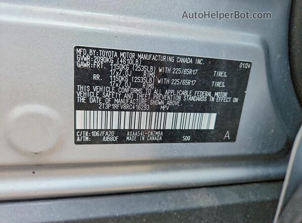 2T3P1RFV8RC416293 2024 TOYOTA RAV4 Silver Vista de la etiqueta del VIN