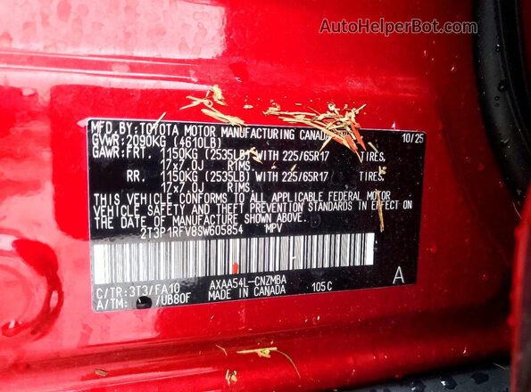2T3P1RFV8SW605854 2025 TOYOTA RAV4 Red Vista de la etiqueta del VIN