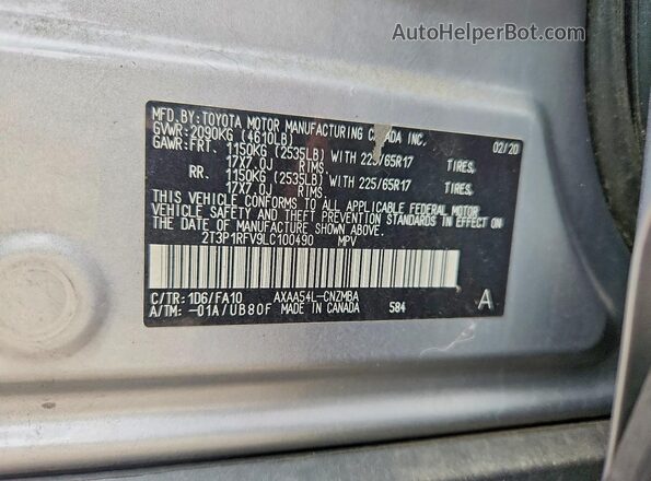 2T3P1RFV9LC100490 2020 TOYOTA RAV4 Gray VIN sticker view