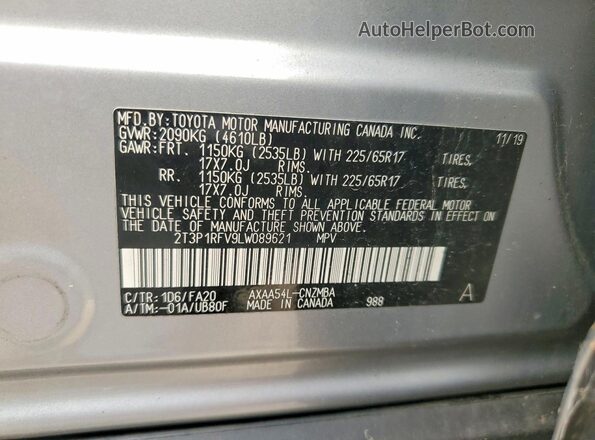 2T3P1RFV9LW089621 2020 TOYOTA RAV4 Silver VIN კოდის სტიკერის ხედი