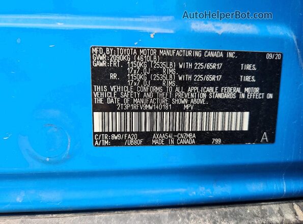 2T3P1RFV9MW140181 2021 TOYOTA RAV4 Blue ძრავის განყოფილების ხედი