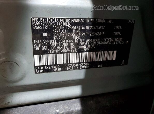 2T3P1RFV9NW248916 2022 TOYOTA RAV4 Green Vista de la etiqueta del VIN
