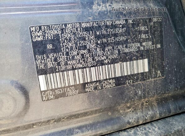 2T3P1RFV9NW301033 2022 TOYOTA RAV4 Gray Вид наклейки з VIN-кодом