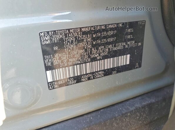 2T3P1RFV9NW327938 2022 TOYOTA RAV4 Green Widok naklejki z numerem VIN