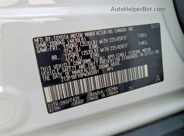 2T3P1RFV9PW360991 2023 TOYOTA RAV4 White VIN sticker view