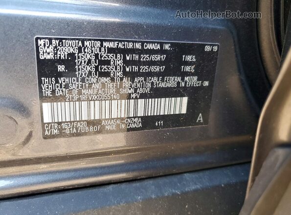 2T3P1RFVXKC055140 2019 TOYOTA RAV4 Серый Вид наклейки с VIN-кодом