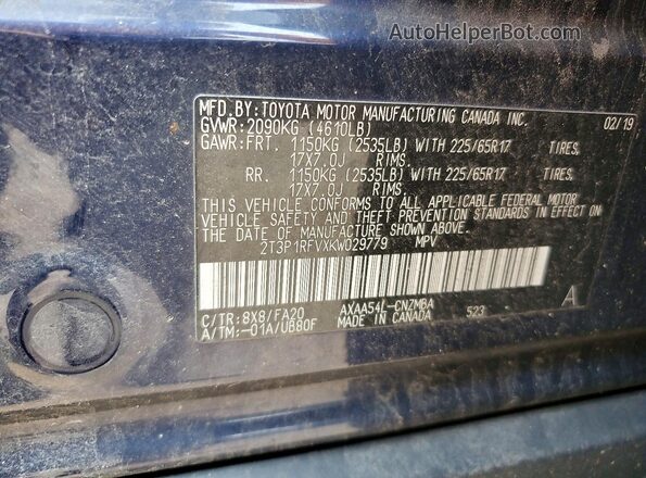 2T3P1RFVXKW029779 2019 TOYOTA RAV4 Blue Vista del compartimento del motor