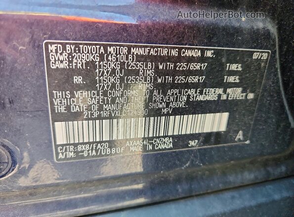 2T3P1RFVXLC124930 2020 TOYOTA RAV4 Blue VIN կոդի պիտակի տեսք