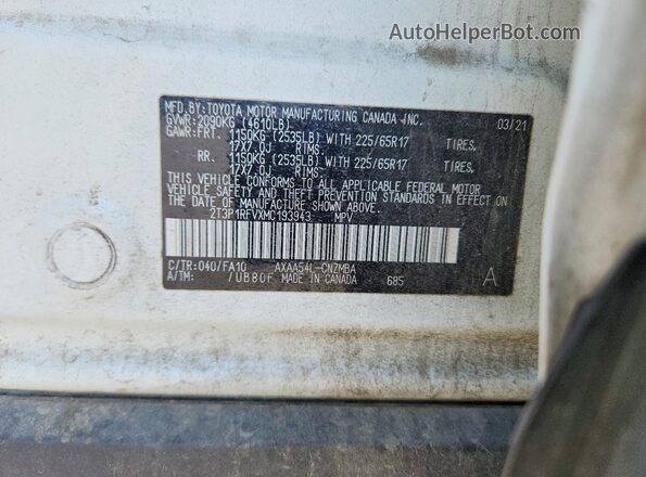 2T3P1RFVXMC193943 2021 TOYOTA RAV4 White Vista de la etiqueta del VIN