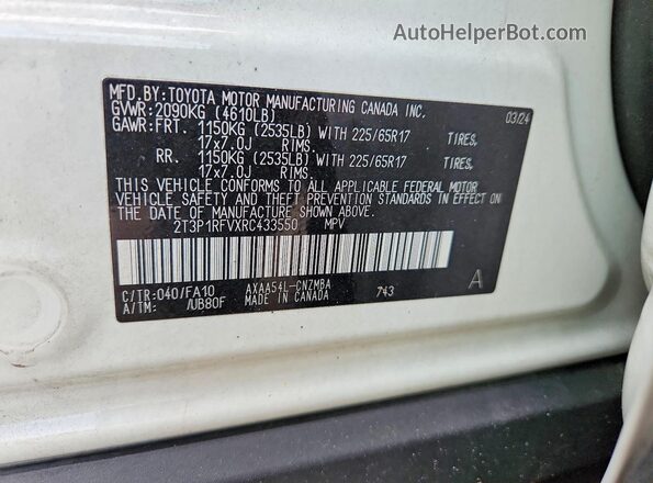 2T3P1RFVXRC433550 2024 TOYOTA RAV4 White Widok naklejki z numerem VIN