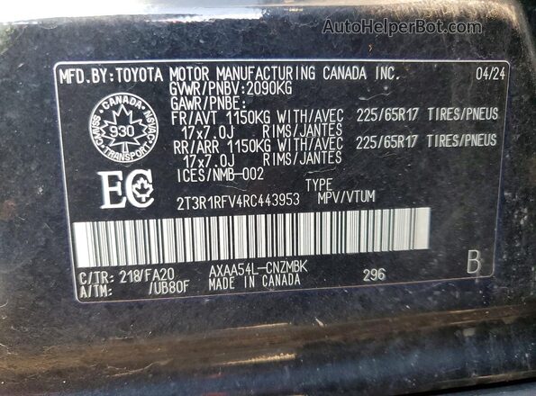 2T3R1RFV4RC443953 2024 TOYOTA RAV4 Black VIN კოდის სტიკერის ხედი