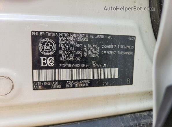 2T3R1RFV5RC429494 2024 TOYOTA RAV4 White Vista de la etiqueta del VIN