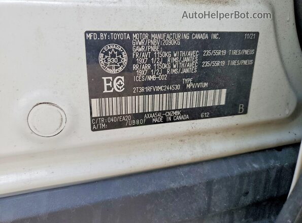 2T3R1RFVXMC244530 2021 TOYOTA RAV4 White VIN sticker view