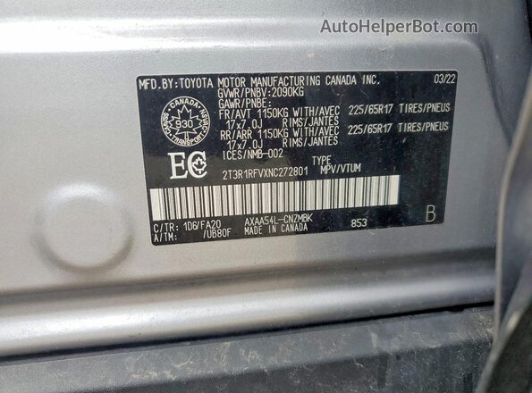 2T3R1RFVXNC272801 2022 TOYOTA RAV4 Silver Սալոնի 360 աստիճան տեսք