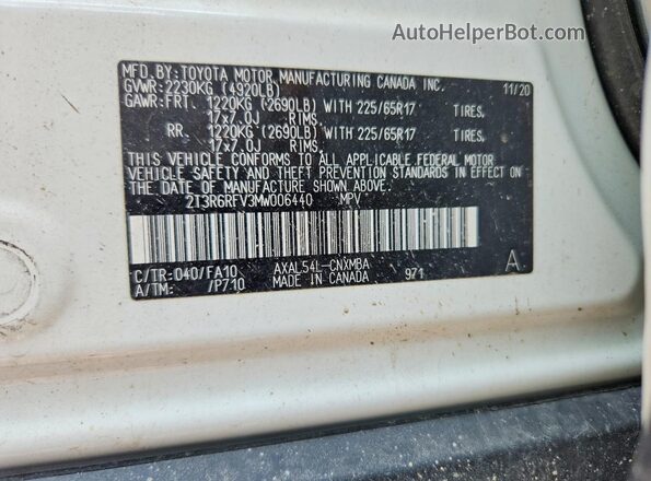 2T3R6RFV3MW006440 2021 TOYOTA RAV4 Белый Панорамный вид салона 360°