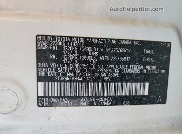 2T3R6RFV3MW011721 2021 TOYOTA RAV4 Белый Вид наклейки с VIN-кодом