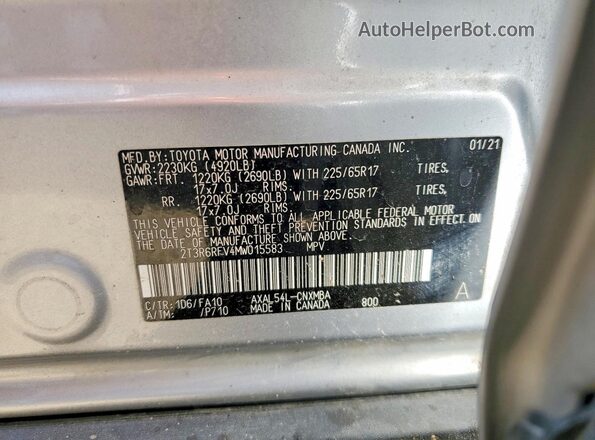 2T3R6RFV4MW015583 2021 TOYOTA RAV4 Silver VIN კოდის სტიკერის ხედი